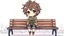 Placeholder: detailed color graphic art style, cute anime, detailed chibi face, sitting in modern-fantasy clothes on bench, messy hair dreamline background, pastel colors childbook style, highly detailed drawing, modern vibe, artwork, no photorealism