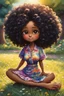 Placeholder: An whimsical oil painting art image of a chibi black cartoon of a curvaceous woman with flowing of tight curly afro of black hair that's highly detailed, wearing a tie dye maxi dress. She sits relaxed on the grass facing the warm sunlight, which illuminates her face as she looks to the side with a small smile, accentuating her prominent makeup and brown eyes. with green and hot pink roses all around