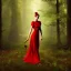 Placeholder: Girl with red dress in the forest, surrealism