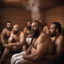 Placeholder: close up photography of a group of turkish and marocan 48 years old ugly chubby muscular men embraced, manly chest, covered with the towel at the hip, long beard, shaved hair, photorealistic, manly legs, manly arms, sitting in a steamy sauna, clouds of steam, side light