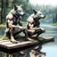 Placeholder: realistic anthropomorphic human-wolf hybrids in body hair lie exhausted and wet on their stomachs on two wooden boards next to a deep river, on the opposite bank in the distance, hour-long, thick-trunk trees are faintly visible, grass, mud, rain, high realistic, detailed, cinematic, sci-fi, digital art, dark fantasy mood