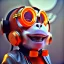 Placeholder: Monkey toddler, smile, steampunk headphone, sunglass, gangsta neckless, full body, orange puffer jacket, tokio background, dramatic lighting, hyper realistic, unreal engine 5, 16k