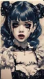 Placeholder: Poster in two gradually, a one side malevolent goth vampire girl face and other side the Singer Melanie Martinez face, full body, painting by Yoji Shinkawa, darkblue and sepia tones,