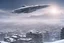 Placeholder: spaceship flying low over a snow-covered city