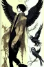 Placeholder: Black haired, owl-man, Skinny, warlock, with black wings, and owl legs, in the style of Harry Clarke