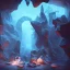 Placeholder: transparent crystal, on an altar in a foggy cave, cinematic,turqoise, bright light colors