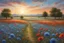 Placeholder: a field of cornflowers and poppies, a blue sky, bees, butterflies and in the distance flowering trees. Good definitions, lots of delicate details sunset