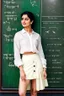 Placeholder: An elegant and graceful Indian actress stands before a green chalkboard adorned with diagrams. She wears a white button-up shirt paired with a flowing skirt, exuding charm and beauty. The scene is captured in exquisite detail with 8K UHD resolution using a DSLR camera, complemented by soft lighting and high-quality film grain from the Fujifilm XT3. With a captivating expression, she gazes upwards, her eyes closed, while adding a touch of allure with fishnet stockings and high heels.