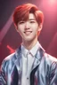 Placeholder: gen 1men,Eric\(The boyz\),stage on the background,kpop show,short red hair,Korean idol,Korean singer,on the stage,styled hair,pulled back hair,highly detailed, digital painting, HDRI, masterpiece, smooth, professional photo,detailed face,with smile,with microphone.