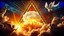 Placeholder: a nuclear explosion cloud(middle) framed from behind by a triangle of stained glass surrounded by radiant lines from the center, the wind and smoke from the explosion forming shapes of attractive dancing women(bottom) and cherubs(top) with small angel wings(left and right foreground) like cherubs in the clouds, religiose art, angelic light