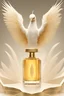 Placeholder: Make a fragrance with notes of Honey, Vanilla, Amber, Tonka Bean and Oud. And the bottle is Hegtagon in the hands of white peacock with white and gold feathers, with wings and tail and feathers open, standing on shiny gold mountain
