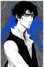 Placeholder: young black haired blue eyed wizard in the style of aubrey beardsley