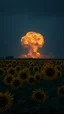 Placeholder: A field of random sunflowers at the end of the picture in the dark background a huge nuke explosion