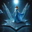 Placeholder: A breathtaking cosmic fantasy scene featuring a stunningly realistic beautiful woman with a perfect face and sculpted figure standing gracefully at the center of a floating geometric platform in deep space. She wears an elegant flowing gown in vibrant silver and blue hues that billow around her perfect form. The platform is constructed from dark cobblestone-like blocks arranged in a star shape. Surrounding her are magnificent CIFI towers like structures,satelights