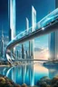 Placeholder: Dreamlike Skyline of Downtown futuristic hightech city in 4050 and a stunning futuristic Bridge During Sunlight over the azur-silver color river, cold colors, high detalied, sci-fi, landscape