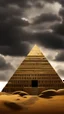 Placeholder: Synthography Art in Bocsh painting style nightmare of The Pyramid shape building with visual details of thousands of old Egyptian mechanical and heliographic components and symbols textures with gray clouds stormy weather in the background