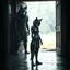 Placeholder: front of the camera in rain stands a very sad thin , short anthropomorphic wolf-girl full body covered with wolf fur, she wears a short rag around her waist , an tall anthropomorphic wolf-man stands behind at the door in a wooden house, dark deep colors, sharp focus, rainy day, high contrast, high detail, atmospheric, dark fantasy, sci-fi Masterpiece