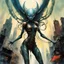 Placeholder: By Kelly Freas, gigantic alien biomechanical tripod ransacking city, Dramatic Vertigo Comic Book Cover, loose brushstrokes watercolor, by Rumiko Takahashi, by Jeremy Mann and Russ Mills, maximalist, infinity stretch, hyperdetailed hi-res, CGSociety, color depth, deep colors, gorgeous kinetic art