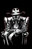 Placeholder: intimidating western styled man with hat (wide and flat brim and a flat top) shading face, wearing a gas-mask, sitting forward on a wingback chair, vignette, black and white graphic novel style with a red outline on black background, gothic horror
