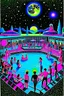 Placeholder: techno rave party in 80's with dj and swimming pool on the moon full