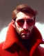 Placeholder: a young man who looks like hans gruber wearing a heavy coat and red sunglasses staring with an irritated look on his face