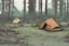 Placeholder: campsite, tents, overgrown, post-apocalyptic, comic book, forest
