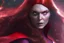 Placeholder: Wanda Maximoff, mulher, cabelos ruivos, olhos vermelhos brilhantes, de lado destruindo algo com sua magia vermelha, traje da feiticeira escarlate, dramatico, 4k render, imagem cinematográfica. Cores frias,