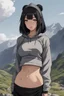 Placeholder: goth, croppedhoodie, underboob, mountainous horizon, 1girl, toph, bangs, black hair, blind, grey eyes, hair between eyes, hair bun, hairband, short hair, cropped hoodie underboob, cropped hoodieunderboobhoodie