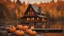 Placeholder: cozy cabin pumpkins autumn lake