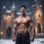 Placeholder: Hyper realistic Extremely Handsome shirtless muscular king smiling & Standing with short black hair outside huge castle at dark & heavy snowfall night