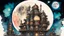 Placeholder: An image of a building with a full moon in the background, colorful sci-fi steampunk, intricate ink painting details, mechanical life form, fantasy watercolor, moving castle