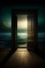 Placeholder: 80. there is an open door in a dark room and behind the door there is a beautiful sea, the sun, realistic