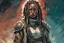 Placeholder: front facing full length portrait illustration of a grunge armored female , beaded dreadlock hair, cyberpunk vampire mercenary wearing an ornate oni noh mask , and shemagh, highly detailed with gritty post apocalyptic textures, caught in a cosmic maelstrom of swirling gases , finely detailed facial features and hair, in the graphic novel style of Bill Sienkiewicz, and Jean Giraud Moebius, ink wash and watercolor with realistic light and shadow