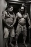 Placeholder: half figure shot photography of two ugly gypsies close, face to face, 41 years old with dreadlocks, overweight muscular chubby, tattoo, beard, bullneck, shirtless, manly chest, hairy torso , embraced, broken short pants,, angry eyes, in an elevator, top light, ambient occlusion, photorealistic, side view from the ground