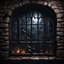 Placeholder: Hyper Realistic grill window of dark dungeon with bats flying & cobwebs on dark rustic walls at night