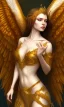 Placeholder: Female angel with beautiful perfect face big wings and golden crown floating above the ground in the dark enviroment, anatomically correct, michelangelo style, detailed, world of warcraft style, dark forest, trees, painting, brush strokes