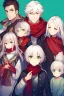 Placeholder: A Boy, 14 years old, with white hair, green eyes, calm, the background is: a sky full of stars, His hair is short, he wears a red scarf,