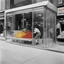 Placeholder: two people dressing into clothes pile of clothing which lay on the ground within a store front booth window as people walk by in the city sidewalk 1960s futuristic city glass cubes people inside laughing children within glass cubes