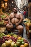 Placeholder: half figure photography of a burly chubby muscular strong 39-year-old arab in Istanbul bazaar, ajar mouth, shirtless, short beard, curly hair, serious, , selling fruits sitting on an old chair, big shoulders, bulge, manly chest, very hairy, side light, view from the ground