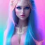 Placeholder: beautiful, soft, smiling face, whole head, long straight blonde hair blues eyes, crown on the head, clothing in transparent bluish and pink veil, background brillante bluish and pink, hight definition, 8K