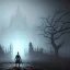 Placeholder: hyper realistic Bloodborne cityscape with entity looming in the fog