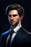 Placeholder: foto de perfil ilustración digital de personaje videojuego realista, un hombre de 27 años viste con traje formal color negro, es abogado, su color de piel es blanco, su cabellos es negro oscuro, sus ojos azules profundos, expresión creída y arrogante, dueño de todo un buffet de abogados, ilustración digital de personajes de videojuegos