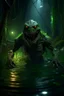Placeholder: The swamp scary creature, swamp, colored lights, green symbols, green tattoo, 8k, high quality, hyperrealism