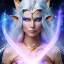 Placeholder: cosmic mage, elf, female, battle mage, epic, cosmic magic, long ears, white hair, face details, pale skin, jewellery, broad shoulders, glowing eyes, sharp ears, cosmic clothes, bright eyes, cosmic eyes, ears shown, light out of eyes, the cosmos in eyes