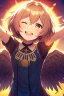 Placeholder: Close up of trendy anime Girl standing on edge of cliff, head towards the sky, eyes closed, sun on face, thankful and smiling, arms open like wings