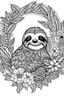 Placeholder: portrait of Sloth and background fill with flowers on white paper with black outline only, style mandala