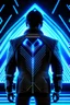 Placeholder: cyberpunk, neon blue, triangle of light floating behind the back, cyber suit, geometric patterns on a suit, male