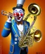 Placeholder: mechanoid happy old friendly fat clown playing jazz with a steampunk theme, trumpet, realistic