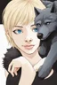 Placeholder: ultra realistic photograph of a very thin young woman with short blonde hair and blue eyes wearing a loose black teeshirt standing next to a black wolf