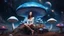 Placeholder: beautiful women sitting with no braa on a big blue mushroom in space, planets at the back ground, hyper realistic.